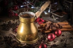 Turkish coffee in copper coffe pot stock photos Turkish coffee in copper coffe pot stock photos