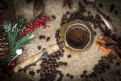 Turkish coffee in copper coffe pot stock image Turkish coffee in copper coffe pot stock image