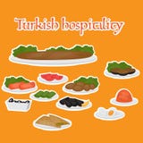 Turkish hospitality Common main and side dishes, desserts. Traditional food of Turkish cuisine. stock illustration Turkish hospitality Common main and side dishes, desserts. Traditional food of Turkish cuisine. stock illustration