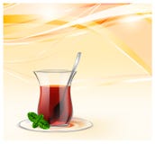 Turkish tea cup with black tea, silver spoon and mint on yellow waves background. Tea illustration for advertising vector illustration Turkish tea cup with black tea, silver spoon and mint on yellow waves background. Tea illustration for advertising vector illustration