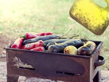 Turkisk röd peppar och aubergine som lagas mat på mangal royaltyfria bilder Turkisk röd peppar och aubergine som lagas mat på mangal royaltyfria bilder