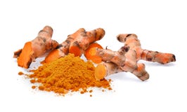 Turmeric roots with turmeric powder isolated on white background Stock Photo Turmeric roots with turmeric powder isolated on white background Stock Photo