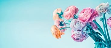Turquoise Floral Banner With Beautiful Flowers Blooming At Light Blue Background, Floral Royalty Free Stock Photography Turquoise Floral Banner With Beautiful Flowers Blooming At Light Blue Background, Floral Royalty Free Stock Photography