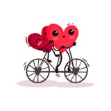 Två förtjusande humaniserade röda hjärtor som rider den tandema cykeln Romantiska par Bearbetat med tappningstil Plan vektordesig royaltyfri illustrationer Två förtjusande humaniserade röda hjärtor som rider den tandema cykeln Romantiska par Bearbetat med tappningstil Plan vektordesig royaltyfri illustrationer