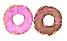 Två glasade donuts med rosa färg- och chokladtoppning som isoleras på vit bakgrund royaltyfri illustrationer Två glasade donuts med rosa färg- och chokladtoppning som isoleras på vit bakgrund royaltyfri illustrationer