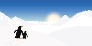 Två pingvin ser in i avståndet av ett vinterlandskap royaltyfri illustrationer Två pingvin ser in i avståndet av ett vinterlandskap royaltyfri illustrationer