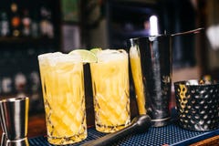 Twee alcoholische die cocktails op barteller worden gediend Verse dranken in bar stock foto Twee alcoholische die cocktails op barteller worden gediend Verse dranken in bar stock foto