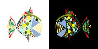 Twee boze vissen die elkaar op zwarte witte achtergrond voor T-shirts bekijken ontwerpen, tablewares, mokken en textiel royalty-vrije illustratie Twee boze vissen die elkaar op zwarte witte achtergrond voor T-shirts bekijken ontwerpen, tablewares, mokken en textiel royalty-vrije illustratie