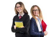 Twee glimlachende middelbare schoolmeisjes in eenvormige dragende glazen met notitieboekjes stellen op een witte geïsoleerde acht stock foto's Twee glimlachende middelbare schoolmeisjes in eenvormige dragende glazen met notitieboekjes stellen op een witte geïsoleerde acht stock foto's