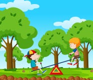 Twee jongens die geschommel in het park spelen stock illustratie Twee jongens die geschommel in het park spelen stock illustratie