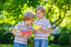 Twee kleine peuterjong geitjejongens die watermeloen in de zomer eten royalty-vrije stock afbeeldingen Twee kleine peuterjong geitjejongens die watermeloen in de zomer eten royalty-vrije stock afbeeldingen