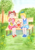 Twee meisjes spelen met poppen in de tuin waterverfillustratie voor kinderen vector illustratie Twee meisjes spelen met poppen in de tuin waterverfillustratie voor kinderen vector illustratie