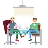 Twee mensen die in vrijetijdskleding bij bureau met een kop van koffie zitten De commerciële vergaderingen van het baangesprek of stock illustratie Twee mensen die in vrijetijdskleding bij bureau met een kop van koffie zitten De commerciële vergaderingen van het baangesprek of stock illustratie