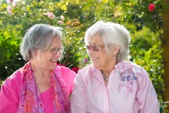 Twee vrolijke hogere vrouwen die in tuin ontspannen stock foto's Twee vrolijke hogere vrouwen die in tuin ontspannen stock foto's