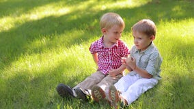 Twee vrolijke kleine jongens van 4 jaar oud zitten in het park op het gras stock footage Twee vrolijke kleine jongens van 4 jaar oud zitten in het park op het gras stock footage