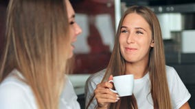 Twee vrouwenvrienden in een keuken het drinken koffie, het spreken van en het hebben van pret stock videobeelden Twee vrouwenvrienden in een keuken het drinken koffie, het spreken van en het hebben van pret stock videobeelden