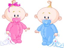 Twin Babies. Twin Baby Boy And Girl With Pacifiers and Toys Twin Babies. Twin Baby Boy And Girl With Pacifiers and Toys