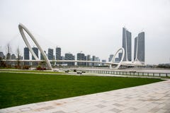 Twin Towers Nanjing Youth Olympic Center and Nanjing eye pedestrian bridge royalty free stock photography Twin Towers Nanjing Youth Olympic Center and Nanjing eye pedestrian bridge royalty free stock photography