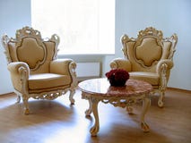 Two Antique Chairs And Marble Table Royalty Free Stock Image Two Antique Chairs And Marble Table Royalty Free Stock Image