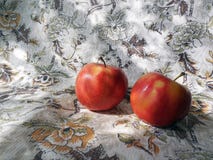 Two apples close-up on a linen patterned tablecloth royalty free stock photo Two apples close-up on a linen patterned tablecloth royalty free stock photo