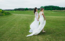 Two beautiful brides walking on the green field stock photos Two beautiful brides walking on the green field stock photos