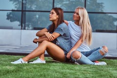 Two beautiful hipster girls sitting on grass with a skateboard on a background of the skyscraper. stock images Two beautiful hipster girls sitting on grass with a skateboard on a background of the skyscraper. stock images