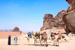 Caravan of camels in Wadi Rum desert, Jordan stock image Caravan of camels in Wadi Rum desert, Jordan stock image