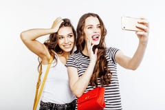 Two Best Friends Teenage Girls Together Having Fun, Posing Emotional On White Background, Besties Happy Smiling, Making Royalty Free Stock Photo