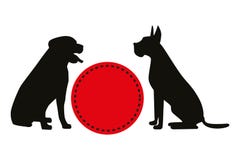 Two black vector silhouettes of sitting dogs near red retro circle. royalty free illustration Two black vector silhouettes of sitting dogs near red retro circle. royalty free illustration