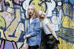 Two Blonde Real Teenage Girl Hanging Out At Summer Together Best Friends, Lifestyle People Concept Royalty Free Stock Image