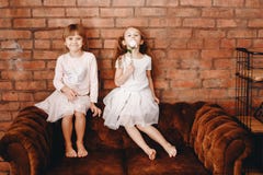 Two charming sisters dressed in beautiful dresses are sitting on the brown armchair on the background of a brick wall royalty free stock photos Two charming sisters dressed in beautiful dresses are sitting on the brown armchair on the background of a brick wall royalty free stock photos