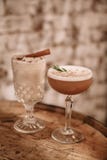 Two creamy alcoholic cocktails against white brick background stock photo Two creamy alcoholic cocktails against white brick background stock photo