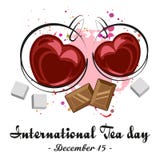 Cups of black tea. Two cups of black tea in shape of heart with chocolate and pieces of sugar on white background. International Tea Day in December 15. Vector vector illustration Cups of black tea. Two cups of black tea in shape of heart with chocolate and pieces of sugar on white background. International Tea Day in December 15. Vector vector illustration