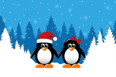 Two cute christmas penguins on snowy winter forest background royalty free illustration Two cute christmas penguins on snowy winter forest background royalty free illustration