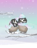 Two Cute Owls With Knitted Hat And Scarf On A Frozen Winter Background Royalty Free Stock Images