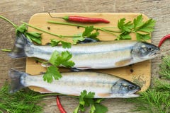 Two fresh uncooked fish one kind of salmon with aromatic herbs on wooden cutting board Royalty Free Stock Image Two fresh uncooked fish one kind of salmon with aromatic herbs on wooden cutting board Royalty Free Stock Image