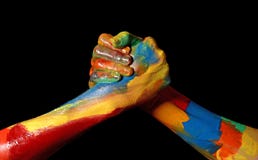 Two Friends Casual meeting painted hands diversity concept Stock Images Two Friends Casual meeting painted hands diversity concept Stock Images