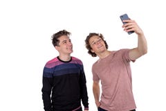 Two friends man take selfie isolated on white background above top view stock image Two friends man take selfie isolated on white background above top view stock image