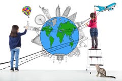 Two girl kids drawing worldwide map and famous landmark Stock Photography Two girl kids drawing worldwide map and famous landmark Stock Photography
