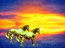 Two gold horses rush through the water to the sunset. vector illustration Two gold horses rush through the water to the sunset. vector illustration