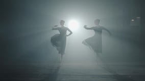 Two graceful professional ballerinas dancing elements of classical ballet in the dark. Ballet dancers shows classic stock video footage Two graceful professional ballerinas dancing elements of classical ballet in the dark. Ballet dancers shows classic stock video footage