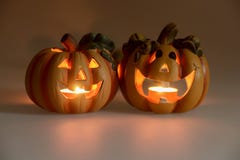 Two Halloween pumpkins with burning candles Royalty Free Stock Photo Two Halloween pumpkins with burning candles Royalty Free Stock Photo