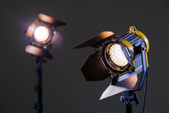 Two halogen spotlights with Fresnel lenses. Shooting in the Studio or in the interior. TV, movies, photos stock photo Two halogen spotlights with Fresnel lenses. Shooting in the Studio or in the interior. TV, movies, photos stock photo
