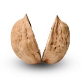 Two halves of chopped walnut. White isolated background. Close-up. stock photos Two halves of chopped walnut. White isolated background. Close-up. stock photos