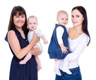 Two happy young mothers with little kids isolated on white stock photography Two happy young mothers with little kids isolated on white stock photography