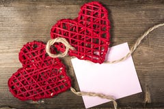 Two Hearts on burlap Background. Wedding Love Concept Stock Photos Two Hearts on burlap Background. Wedding Love Concept Stock Photos