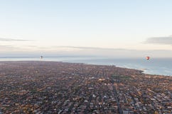 Two hot air balloons over Melbourne bayside stock photos Two hot air balloons over Melbourne bayside stock photos