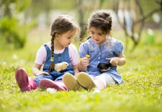 Two little girls with chickens royalty free stock image Two little girls with chickens royalty free stock image