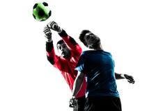 Two Men Soccer Player Goalkeeper Punching Heading Ball Competition Silhouette Stock Image Two Men Soccer Player Goalkeeper Punching Heading Ball Competition Silhouette Stock Image
