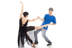 Two modern ballet dancers in dynamic action figure, on white background stock image Two modern ballet dancers in dynamic action figure, on white background stock image
